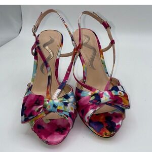 NINA Floral Print Slingback Heels Womens 6M Multi Color Bow Stiletto Strap Party